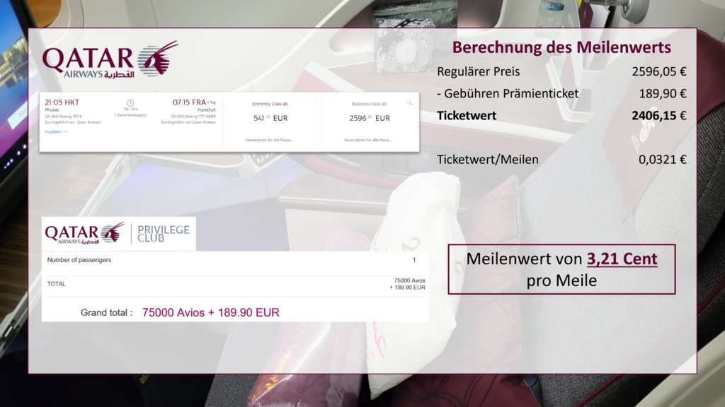 Buchung Qatar Airways und Berechnung Meilenwert