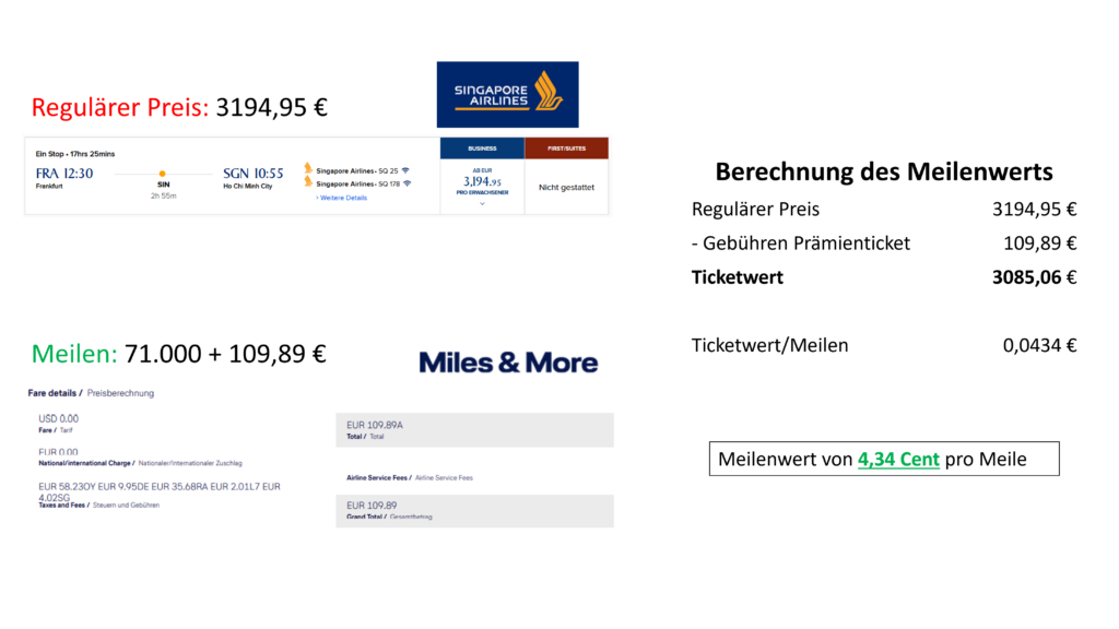 Buchung Singapore Airlines Business Class und Berechnung des Meilenwerts