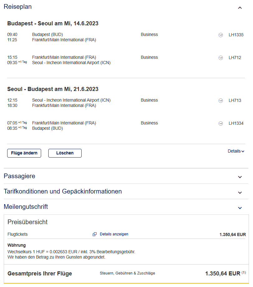 Lufthansa Business Class - Budapest - Seoul - Buchungsbeispiel